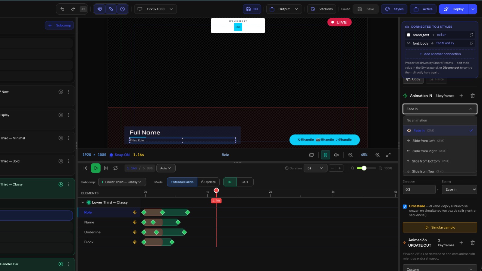 Animation IN presets and the keyframe timeline in the Smart Graphics editor